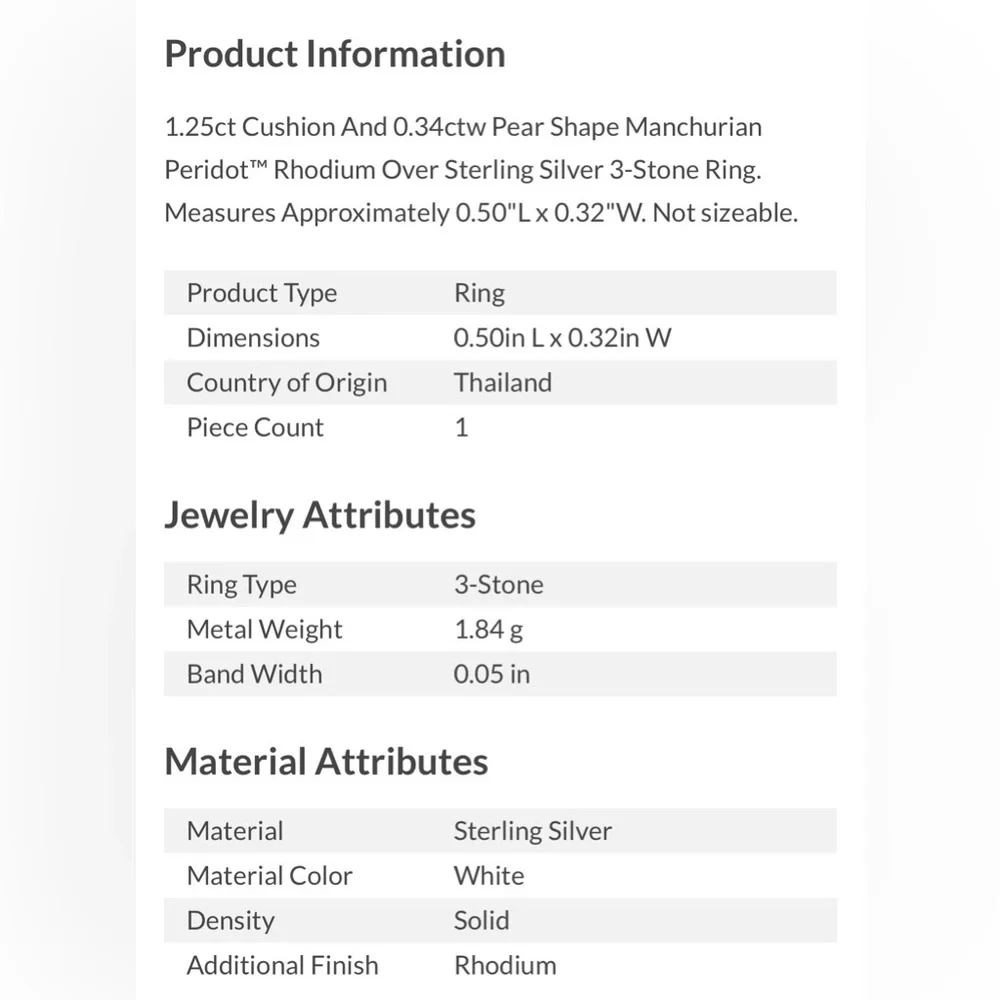1.25 ct Cushion Cut Peridot w 0.34 ct Pear Side Stones | 925 Silver | Size 6